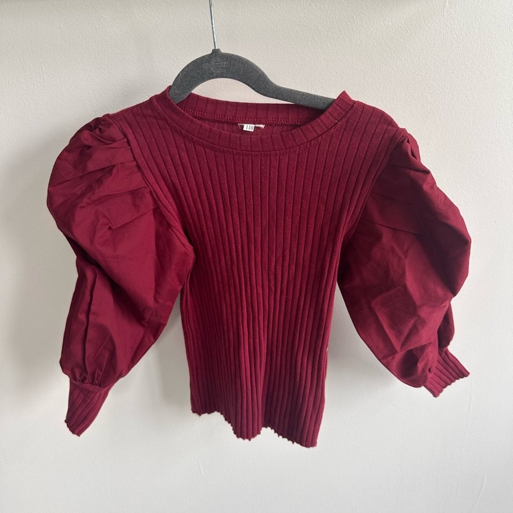 Red Puff Sleeve Ribbed Sweater